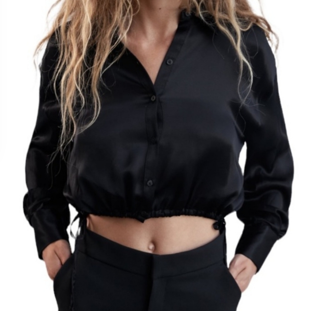 Black Cropped Button Down Shirt